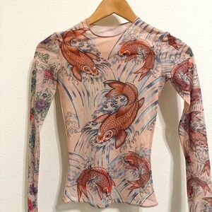 Vintage Y2K Miami Ink Koi Fish Mesh Tattoo Top Sheer Long Sleeve S